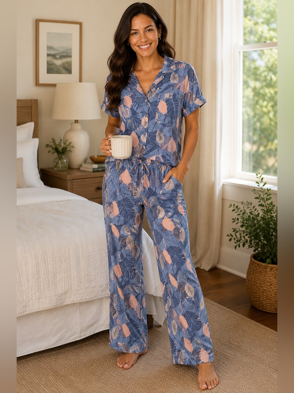 Serra Blue and Peach Leaf-Print Pajama Set